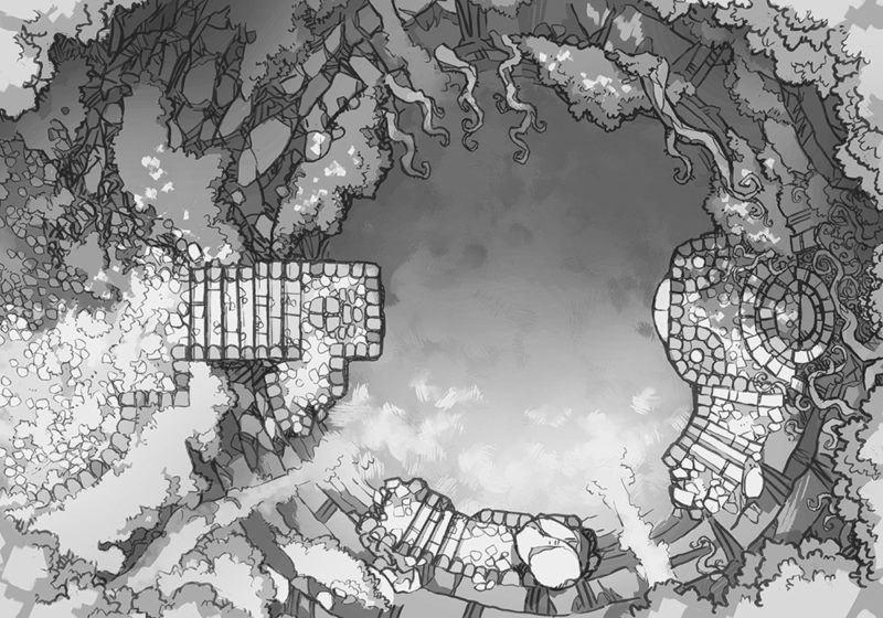 Jungle Temple RPG battle map, black & white