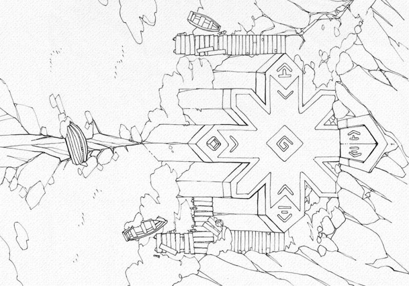 Ice Temple frozen lake RPG battle map, line art
