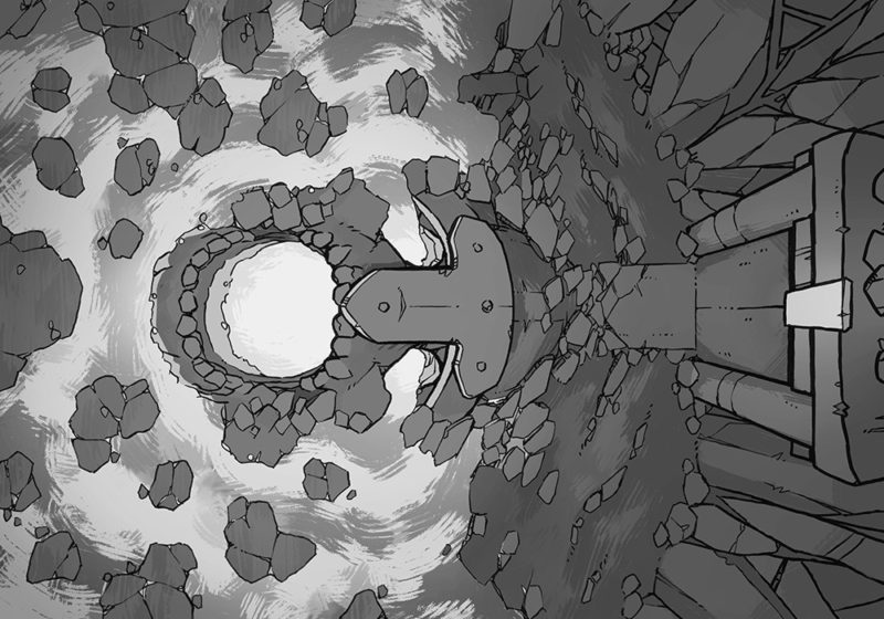 Volcano Lava Fire Temple RPG battle map, black & white greyscale