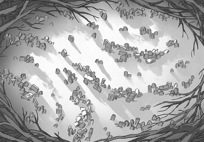 Silent Snowy Cemetery Battle Map – Black & White Greyscale