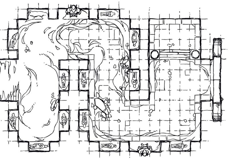 Winding Desert Catacomb Egyptian Battle Map, Lineart Preview