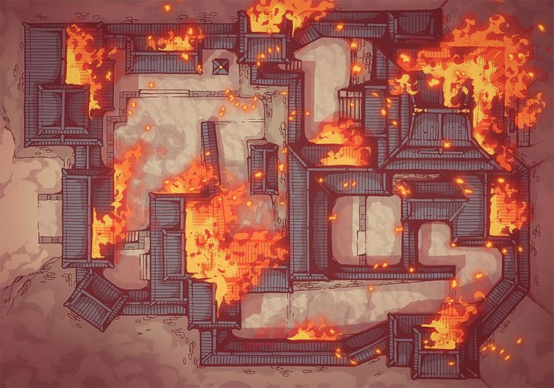 Japanese Castle, Day, Ablaze (32x44)