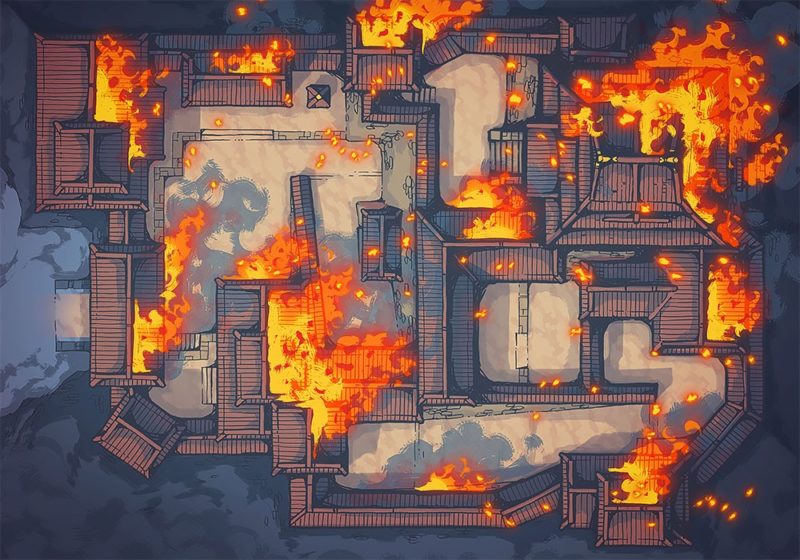 Japanese Castle, Night, Ablaze (32x44)
