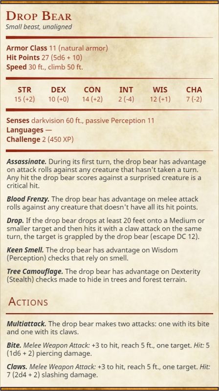 Drop Bear Stat Block - Australian Familiar Creature