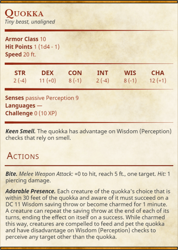 Quokka Stat Block - Australian Familiar Creature