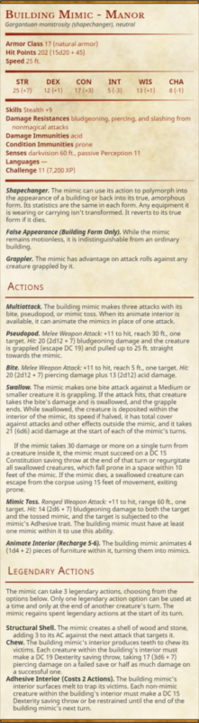 Building Mimic Manor 5e Stat Block