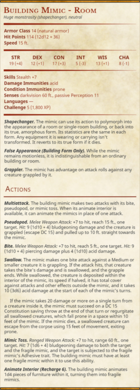 Building Mimic Room 5e Stat Block