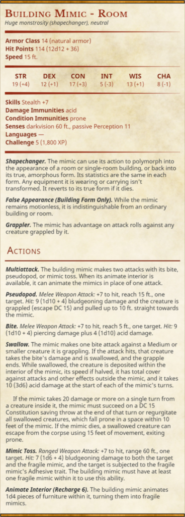 Building Mimic Room 5e Stat Block