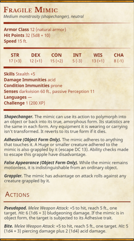 Fragile Mimic 5e Stat Block