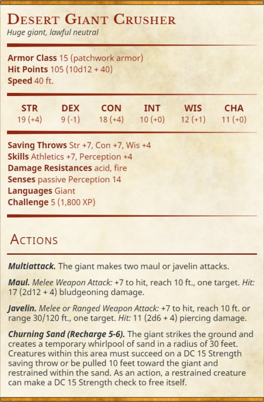 Desert Giant Crusher stat block