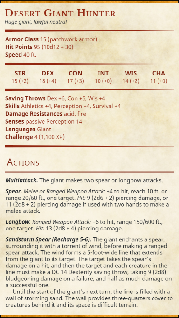 Desert Giant Hunter stat block