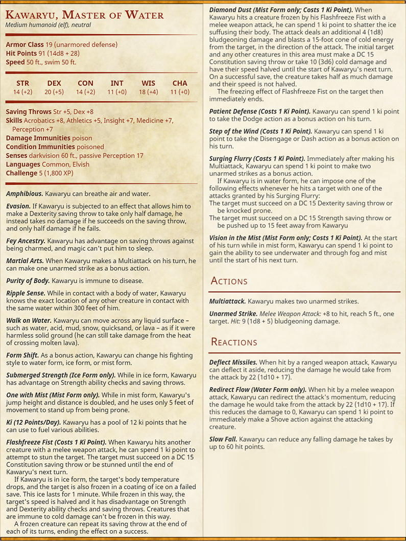 Kawaryu monk stat block sized | 2-Minute Tabletop